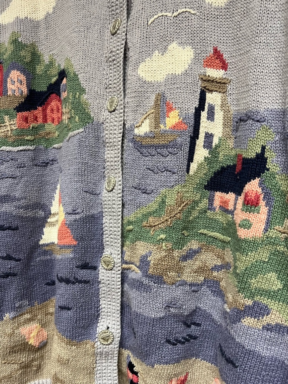 Vintage Northern Treasures Lighthouse Coastal Sailboat Cardigan Sweater XL - Picture 3 of 9